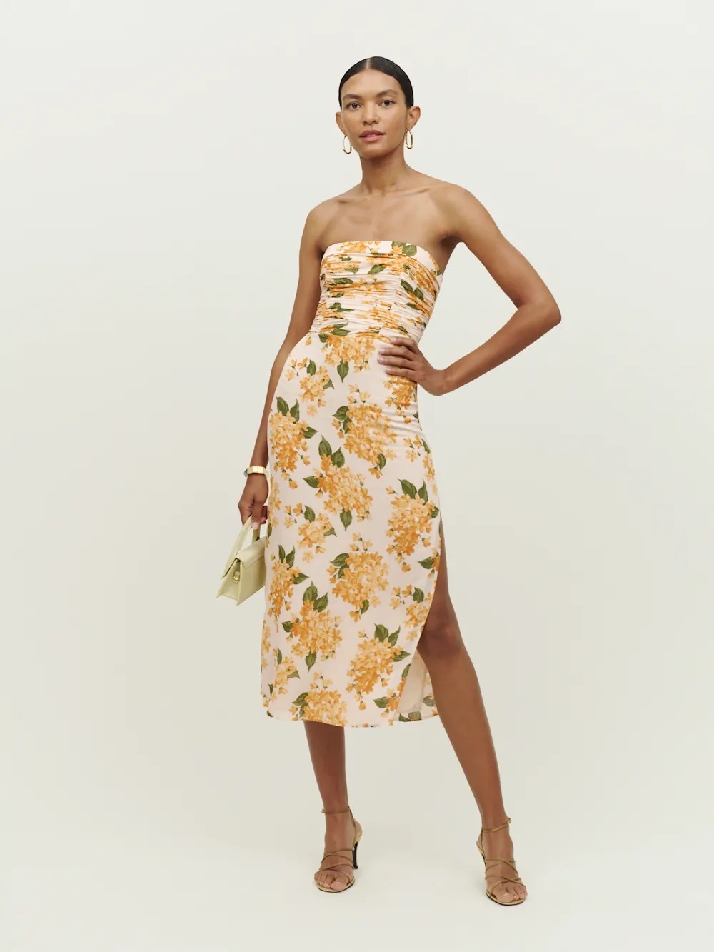 Reformation Strapless Floral Midi Lore Dress in Fara